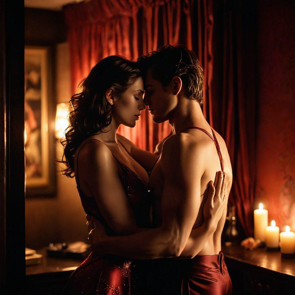 A passionate embrace between a couple in an intimate, dimly-lit setting, surrounded by soft candlelight casting gentle shadows on their features. The atmosphere should evoke a sense of sensuality, with subtle hints of romantic tension in their expressions. Include elements like a vintage film reel and flowing silk fabric to symbolize erotic cinema. The scene should be enriched with warm tones of red and gold. painting. vibrant colors.