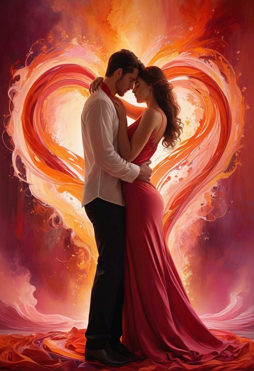 A passionate embrace between a couple, surrounded by swirling representations of love and desire in vibrant colors, intertwining hearts and flames illustrating intensity and attraction. The background features soft, warm hues creating a romantic atmosphere, with subtle elements of adult content symbolizing allure and connection. Abstract and dreamy style with a hint of surrealism. super-realistic. vibrant colors.